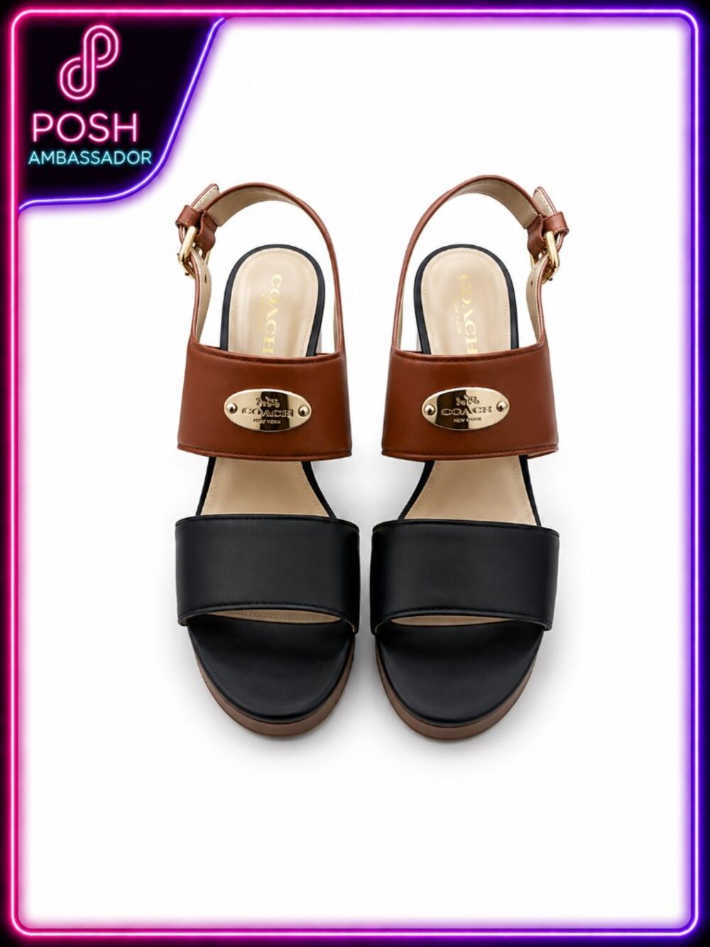 Coach Leather Slingback Sandals Black Brown Gold Women's Size 6.5